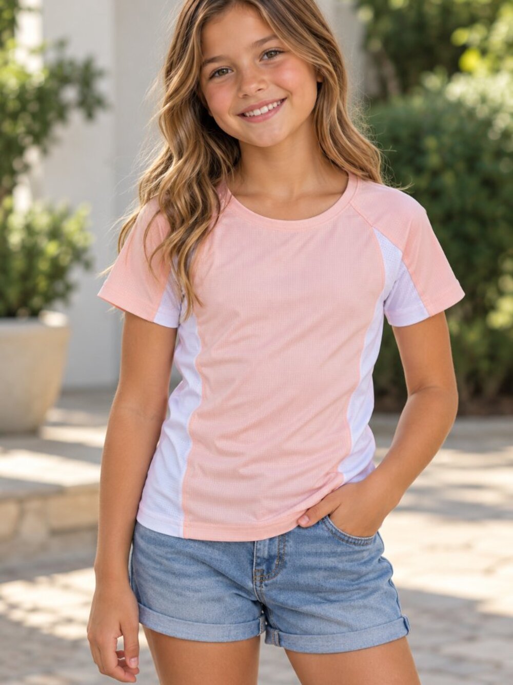 Girls' Athletic Performance T-Shirt - Size 9/10 (140) - Coral Pink White - NWOT
